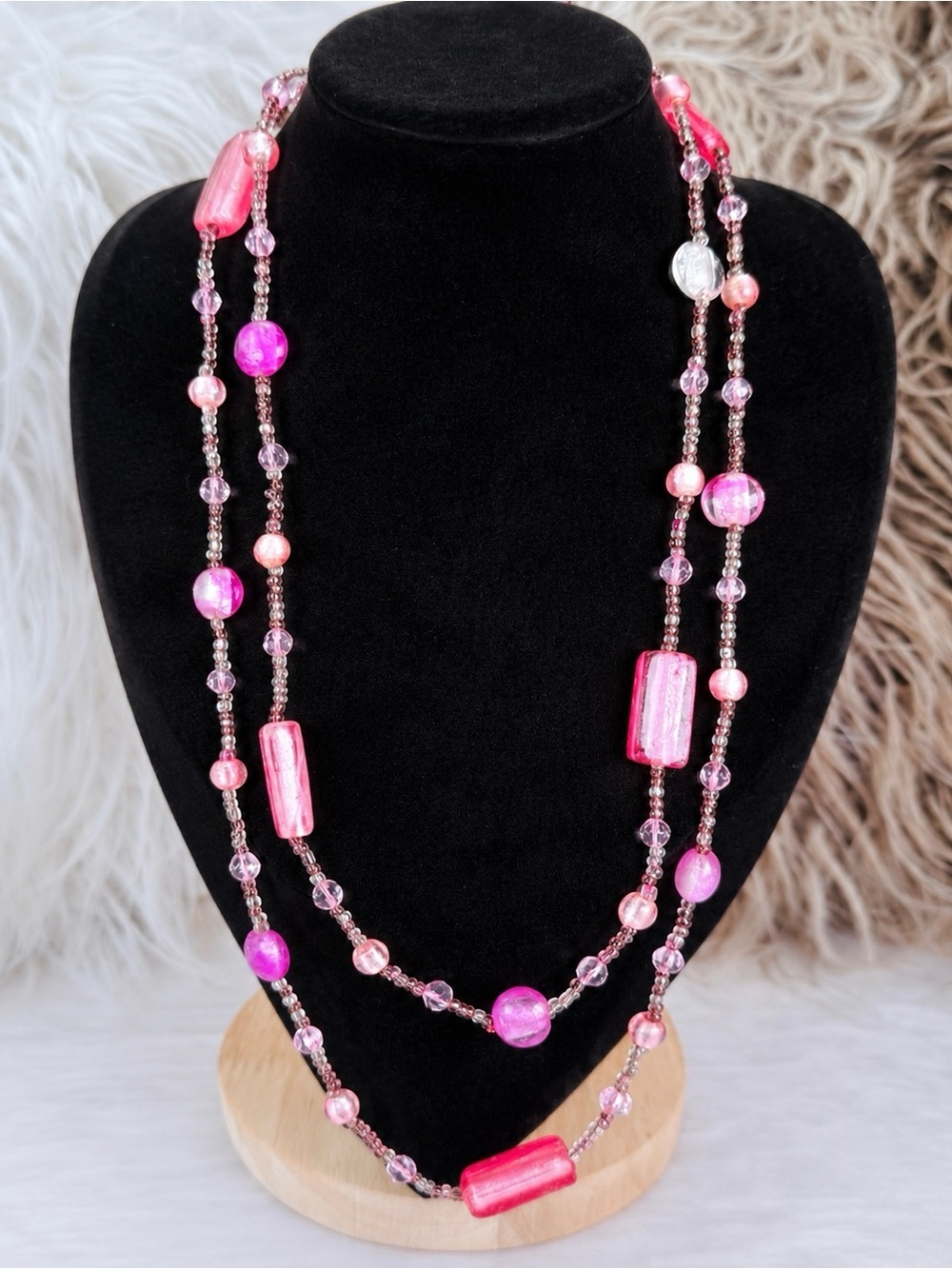 Vintage Pink Multi Beaded Long Necklace Art Glass Look Statement